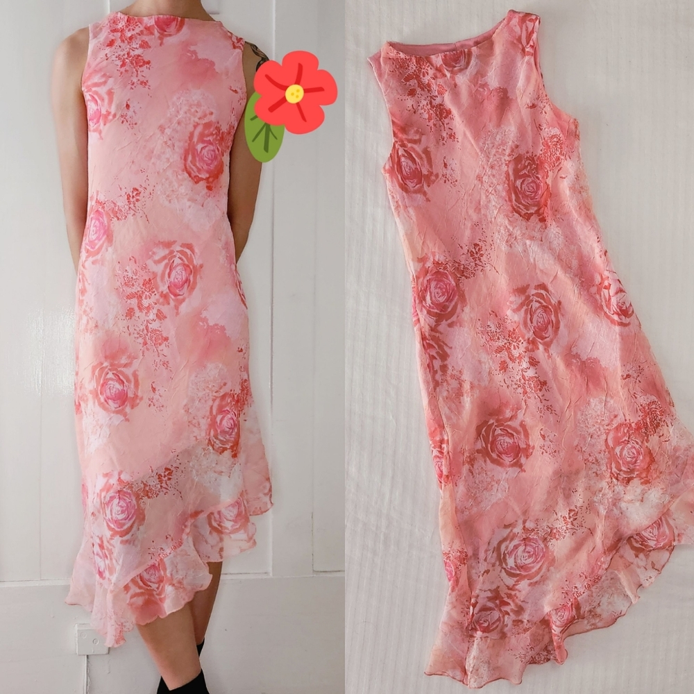 Vintage y2k Pink Rose Asymmetrical Midi Bias Slip Dress from City Triangles